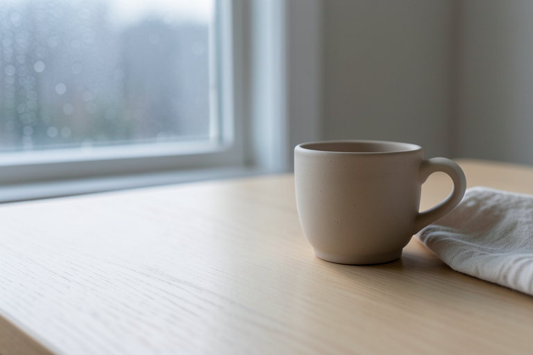 一只素色陶杯和一块浅色布巾置于雨后窗边，左下桌面可留给后期标题。复制生成词制作个人文章或生活主题封面底图，出图后先检查杯口、接触阴影和版面可读性；样图是 AI 生成概念画面，并非实拍。，AI 生成示例图